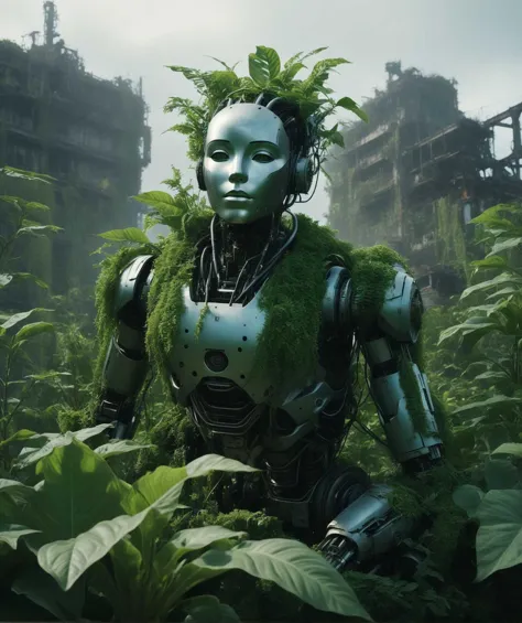 face humanoid on top of plants, abandoned, chaotic, machine-like forms, cinematic, filmic