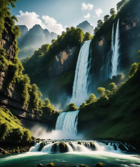 beautiful nature, waterfall, mountain, dynamic photo, cinematic, rich, contrast