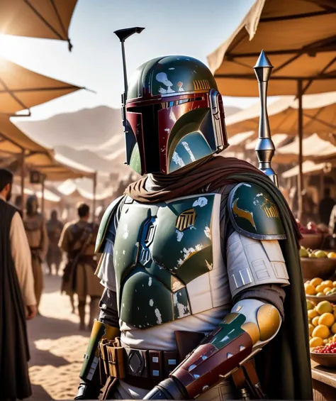 photo of Boba Fett in a medieval market, desert in the background, detailed, hyperrealism, sun glare, (closeup:0.6)