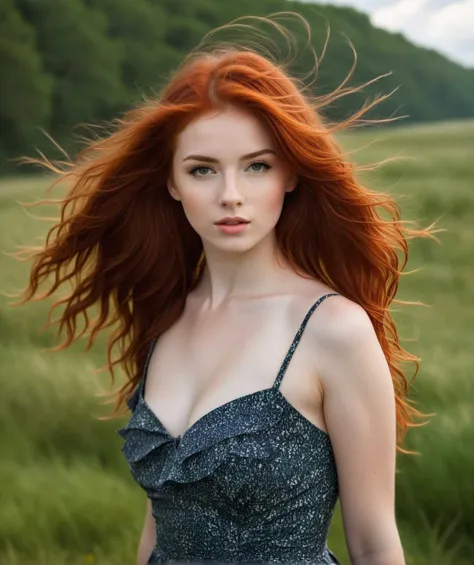 beautiful redhead girl, short dress, head and shoulders portrait, windy weather, nature, artistry, aesthetics (closeup:0.6)