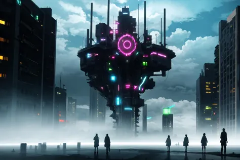 masterpiece, best quality, <lora:BIAO_floating:1> Suspended city, cyberpunk, city, cloud, fog, bird's eye view, <lora:Gloomifier...