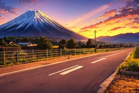 Masterpiece beautiful, volumetric lighting, (ambrosia), rice fields, tiver landscape, mont fuji at the background, at sunset, clouds, volumetric lighting, electric posts, fence, road, towns at the background