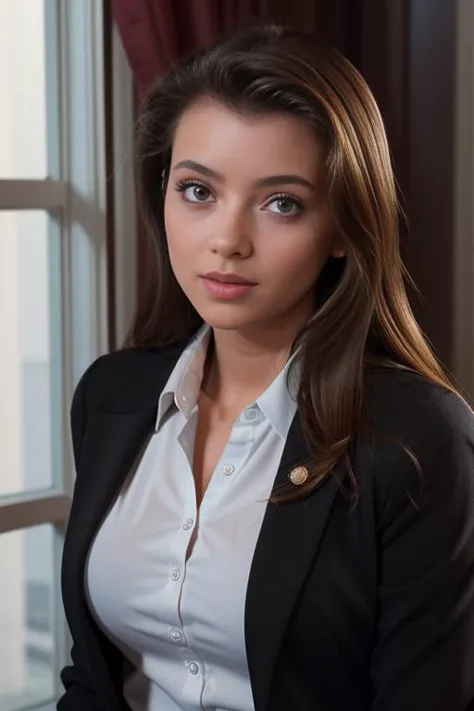 a close up of a woman in a suit sitting in front of a window