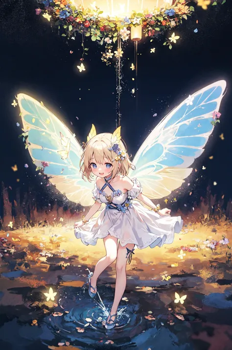 a girl with a fairy wings is walking through a puddle