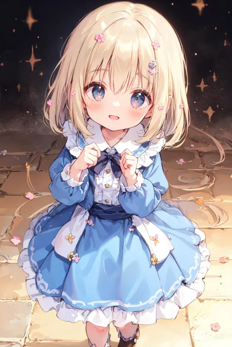 anime girl in blue dress with stars and stars in background