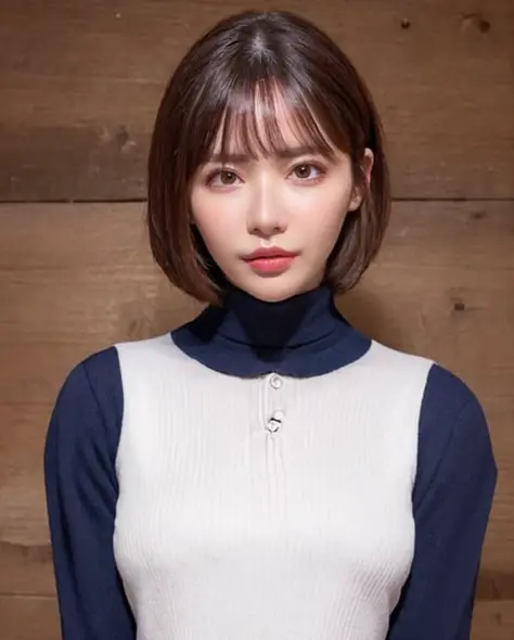 best quality, photorealistic, 8k, high res, 1girl, woman, (skindentation), (professional lighting), (portrait:0.6), gorgeous, brunette, ((white plain background:1.2)), (small breast, blue polo-neck sweater, parted bangs, short hair:1.5), (looking at the viewer), 1girl sleepy eyes looking at viewer:1.5, photorealistic, (bokeh), (portait:0.6), gorgeous, (dynamic pose:1.2), smile:1.9, <lora:Eimi:0.75>