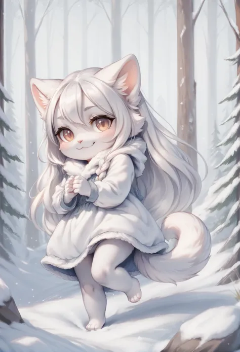 score_9, score_8_up, score_7_up, arctic cat girl, Fluffy standing on the snow, Smile, forest, cozy, cute, chibi,<lora:justduet_P...