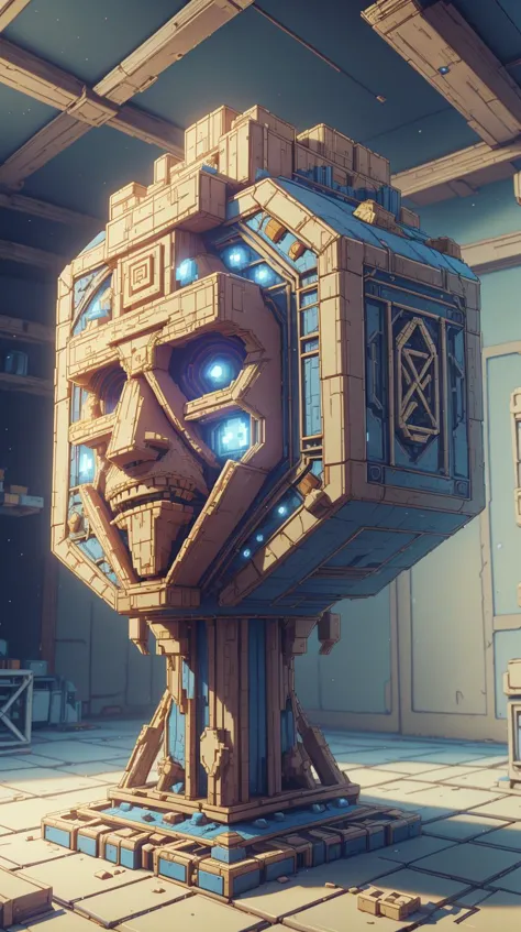 a large wooden sculpture of a robot head with blue eyes