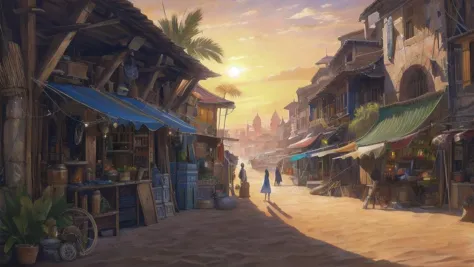 wide shot, desert town, oasis, palm trees, sunrise, adobe, dirt streets, long shot of people, bright colored awnings, shop stalls, bazaar, stone well, town square, <lora:FantasyLandscape:.6>,  <lora:epi_noiseoffset2:.4>, art by evan cagle and greg rutkowski,