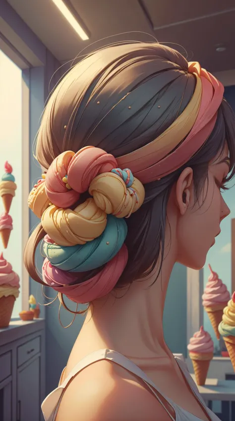 a woman with a colorful bun in her hair looking at ice cream cones