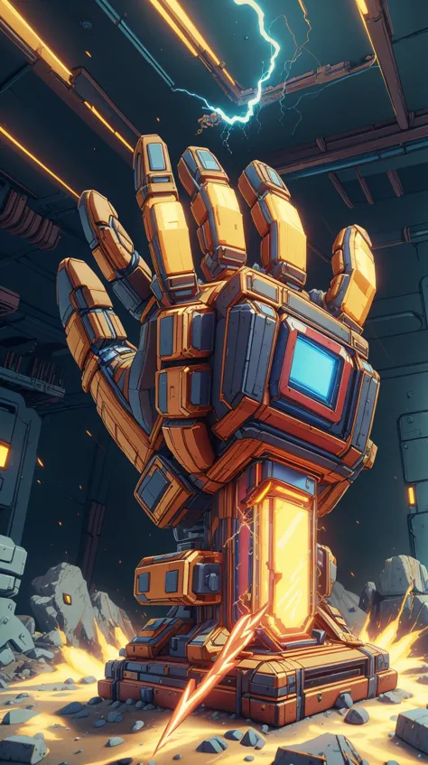 a screenshot of a giant robot hand with a glowing light coming out of it