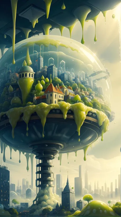 a painting of a futuristic city with a giant green dome