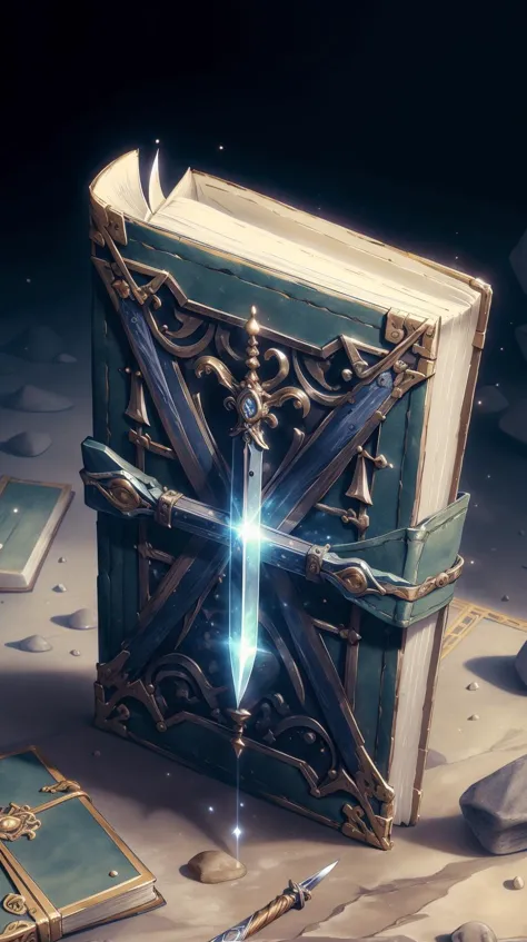 a book with a sword on top of it surrounded by books