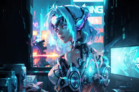 a woman in a futuristic outfit standing in front of a computer