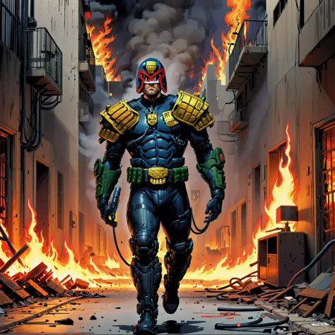 judge dredd running through a burning apartment complex in armor and uniform wearing a helmet, jdgdrddcom, cyberpunk, flames, fire, debris, smoke, sparks, embers, pipes, ducts, cables, filth, furniture, barricades,