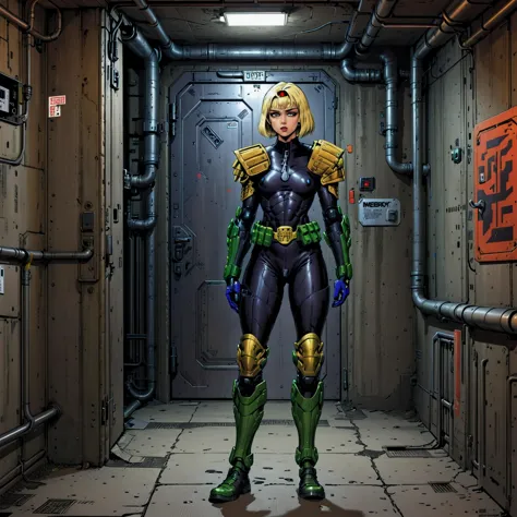 1girl, judge anderson leaning on the wall outside a steel door in a basement, in armor and uniform, wearing a helmet, jdgdrddcom, cyberpunk, comic, dank, dark, utility tunnel, utility light, mercury light