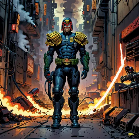 judge dredd fighting with a robotic machine, in armor and uniform wearing a helmet, jdgdrddcom, cyberpunk, comic, cityscape, smoke, sparks, embers, pipes, ducts, cables, filth, barricades, comic