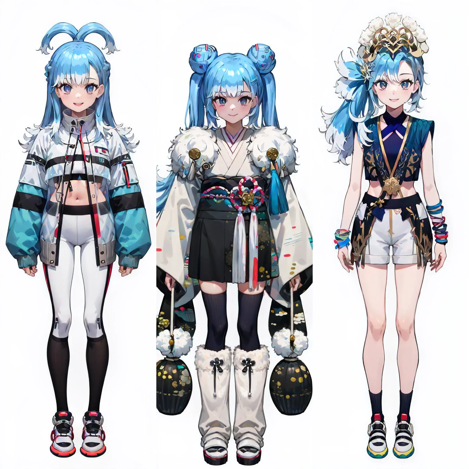 Three different colored anime characters with different outfits and ...