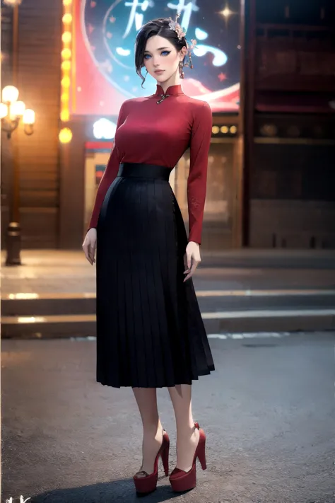 a woman in a red top and black skirt posing for a picture