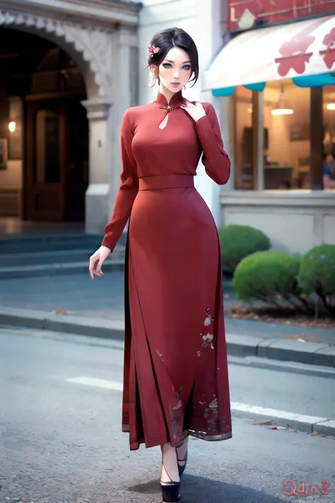 a woman in a red dress is walking down the street