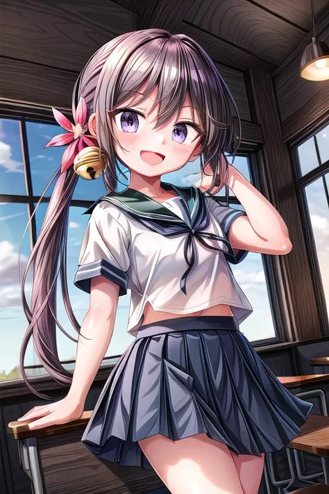 anime girl in school uniform posing in front of a window