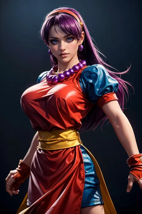 (ultra realista,32k, obra maestra:1.2),(piel muy detallada:1.1),( alta calidad:1.1),
(decepcionado:1.1),athena asamiya, 1 chica,ojos morados,  vestido rojo, cabello purpura, mangas cortas hinchadas, banda para el cabello, Guantes sin dedos, pendientes, collar, pelo largo, faja, (fondo en blanco:1.2) fondo borroso,postura de lucha, pecho enorme,pechos grandes,(iluminación cambiante:1.1),