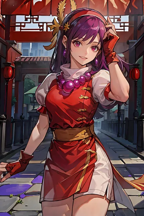 (obra maestra, mejor calidad:1.2), detalles intrincados, athena asamiya, 1 chica, vestido rojo, cabello purpura, mangas cortas hinchadas, banda para el cabello, Guantes sin dedos, pendientes, collar, pelo largo, ropa china