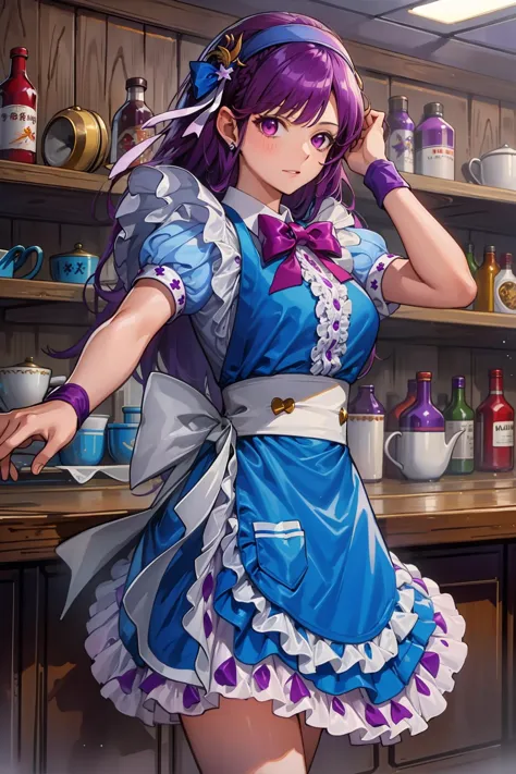 anime girl in a blue dress in a kitchen with a counter