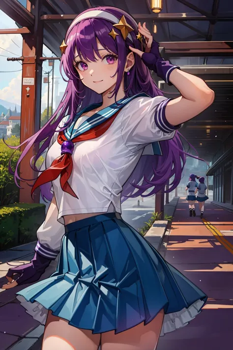 (obra maestra, mejor calidad:1.2), detalles intrincados, athena asamiya, 1 chica, Uniforme escolar, Guantes sin dedos, banda para el cabello, pelo largo, serafín, cabello purpura, ojos morados, adorno para el cabello estrella, falda plisada