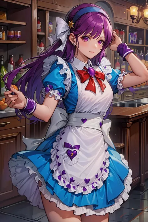 (obra maestra, mejor calidad:1.2), detalles intrincados, athena asamiya, 1 chica, ojos morados, cabello purpura, pelo largo, volantes, delantal, mangas cortas hinchadas, Vestido azul, banda para el cabello, lazo azul, wristband