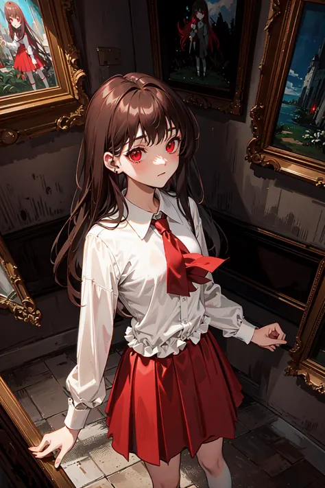 <lora:ibib:0.8>1 very young girl, ib,red glowing eyes,brown long hair,white shirt,red short skirt,red tie,dim,
(aestheticism,aes...