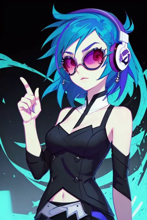 a woman with blue hair and sunglasses is pointing at something