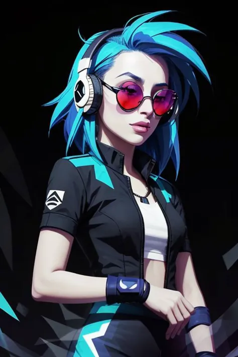 a woman with blue hair and sunglasses standing in front of a black background