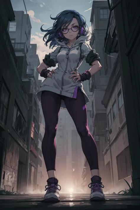 a woman in a white shirt and purple pants standing in a city