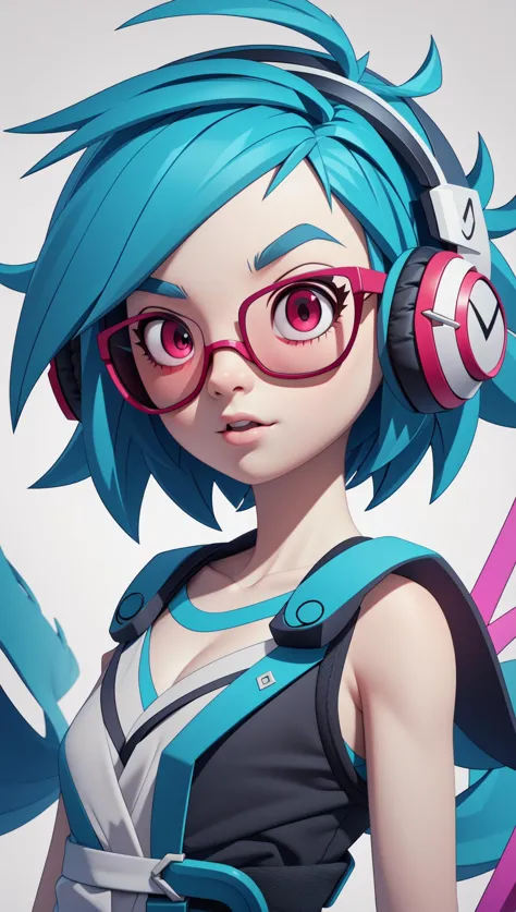 a close up of a person with headphones and a blue hair