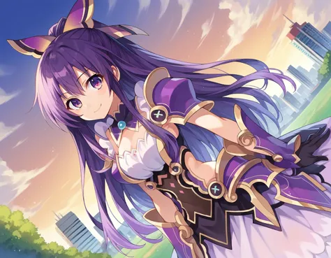 anime girl with purple hair and purple dress holding a sword