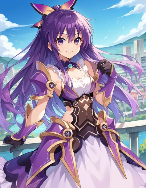 a woman in a purple dress with long purple hair and a cat ears