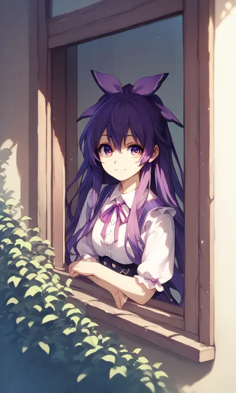 anime girl looking out of window with green plants in background