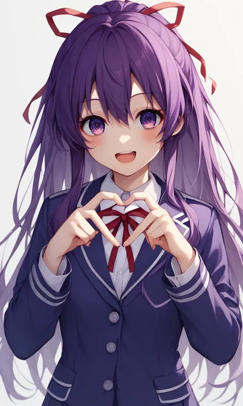 anime girl with long purple hair making a heart with her hands