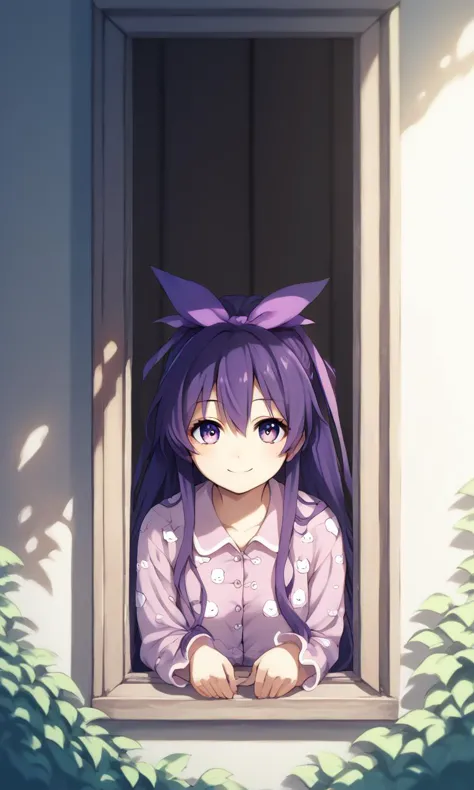 a girl with purple hair and a bow is looking out a window