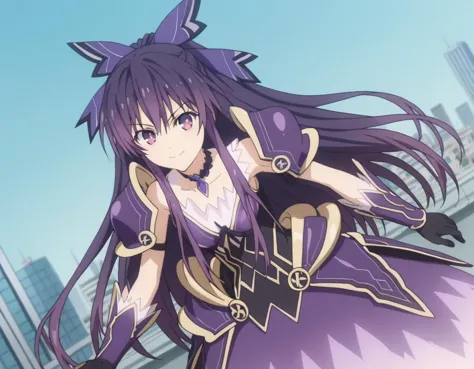 score_9, score_8_up, score_7_up, source_anime,
tookayatogami, <lora:tooka-yatogami-s4s5-ponyxl-lora-nochekaiser:1>,
tooka yatogami, hair ribbon, purple eyes, purple hair, long hair, ribbon,
armor, armored dress, choker, dress, gloves, pauldrons, shoulder armor,
outdoors, cityscape, bent over, smile,
looking at viewer, solo, cowboy shot, dutch angle,