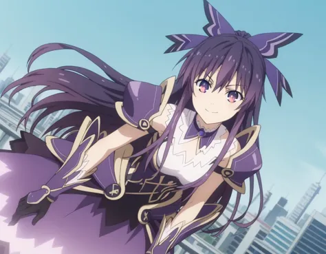 anime girl with long purple hair and purple dress in front of a city