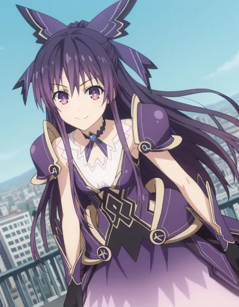 score_9, score_8_up, score_7_up, source_anime,
tookayatogami, <lora:tooka-yatogami-s4s5-ponyxl-lora-nochekaiser:1>,
tooka yatogami, hair ribbon, purple eyes, purple hair, long hair, ribbon,
armor, armored dress, choker, dress, gloves, pauldrons, shoulder armor,
outdoors, cityscape, bent over, smile,
looking at viewer, solo, cowboy shot, dutch angle,