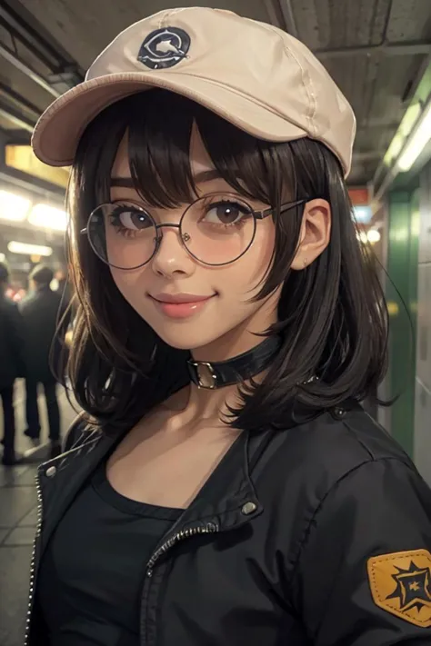 a woman with glasses and a hat standing in a subway