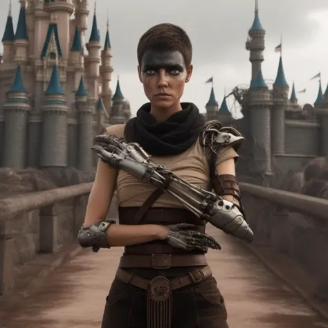 Dystopian style a woman with short hair , ((mechanical arm)), ((in disneyworld)) <lora:Furiosa1024:0.8> . Bleak, post-apocalyptic, somber, dramatic, highly detailed