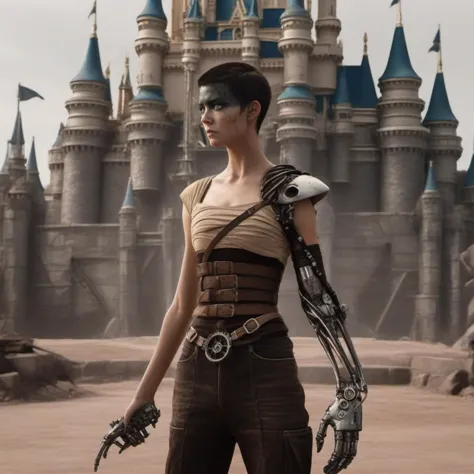 Dystopian style a woman with short hair , ((mechanical arm)), ((in disneyworld)) <lora:Furiosa1024:0.8> . Bleak, post-apocalyptic, somber, dramatic, highly detailed