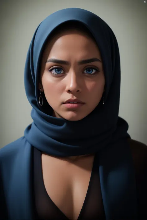 A photo of a person with (striking blue eyes:1.3), dark complexion, draped in a (black headscarf:1.2), (piercing gaze:1.2), subtle facial features, high contrast against (dark background:1.1), (depth in eyes:1.2), natural light highlighting face, sharp focus, portrait orientation, Canon EOS R, 1/80s, f/2.8, ISO 100, (soulful expression:1.3), intimate portrait, profound narrative, (rich texture detail:1.1), fine art photography