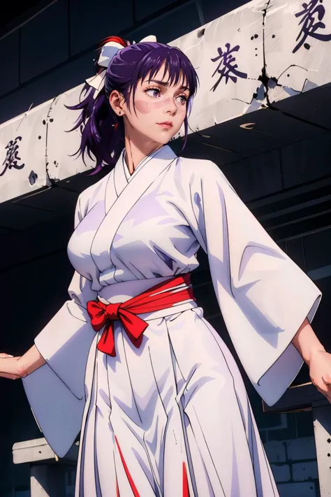 anime girl in white kimono with red sash and white dress