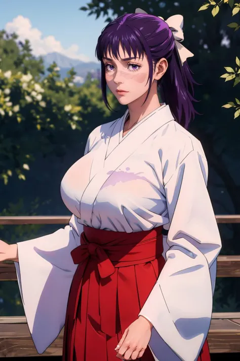 anime girl in kimono outfit standing on a bridge with trees in the background