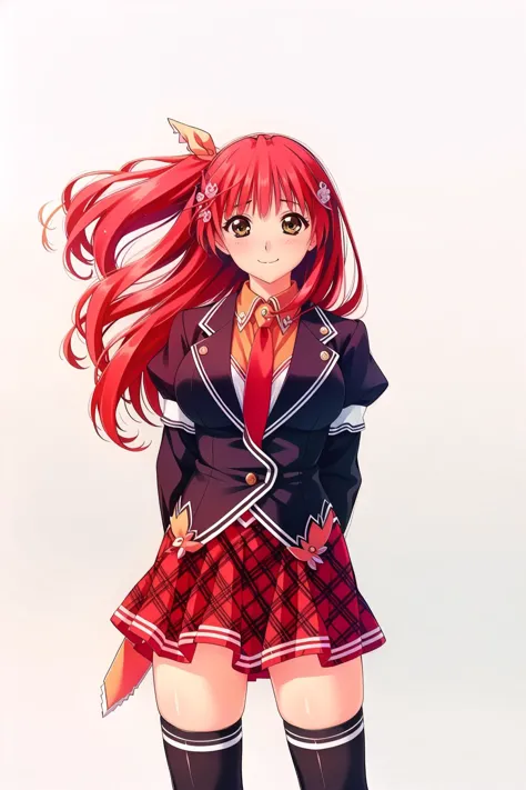 anime girl with red hair and a red tie and a black jacket